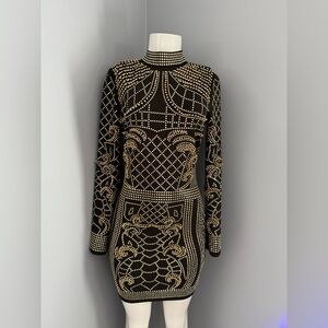 Fashion Nova Black and Gold Long Sleeve Dress
